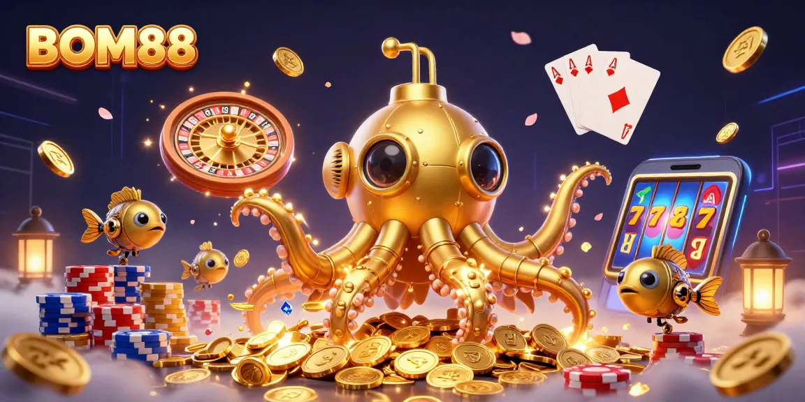 BOM88 players enjoy a dynamic 3D visualization of a kraken submarine amidst golden coins, slot reels, and vibrant casino elements.