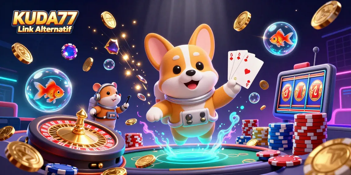 Kuda77 Link Alternatif hadir dalam suasana kasino luar angkasa, dengan karakter lucu termasuk anjing astronaut dan hamster pengendali, bersiap untuk permainan menarik.