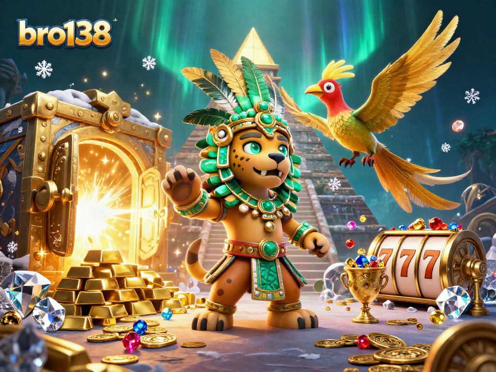 Experience big wins at bro138 with a vibrant 3D illustration featuring slot reels and golden treasures.