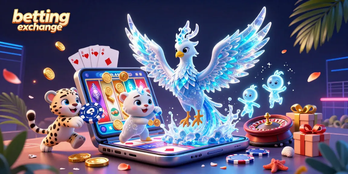 Engage in thrilling action at the betting exchange with an immersive 3D illustration showcasing an ice phoenix, vibrant gaming elements, and enchanting sprites.