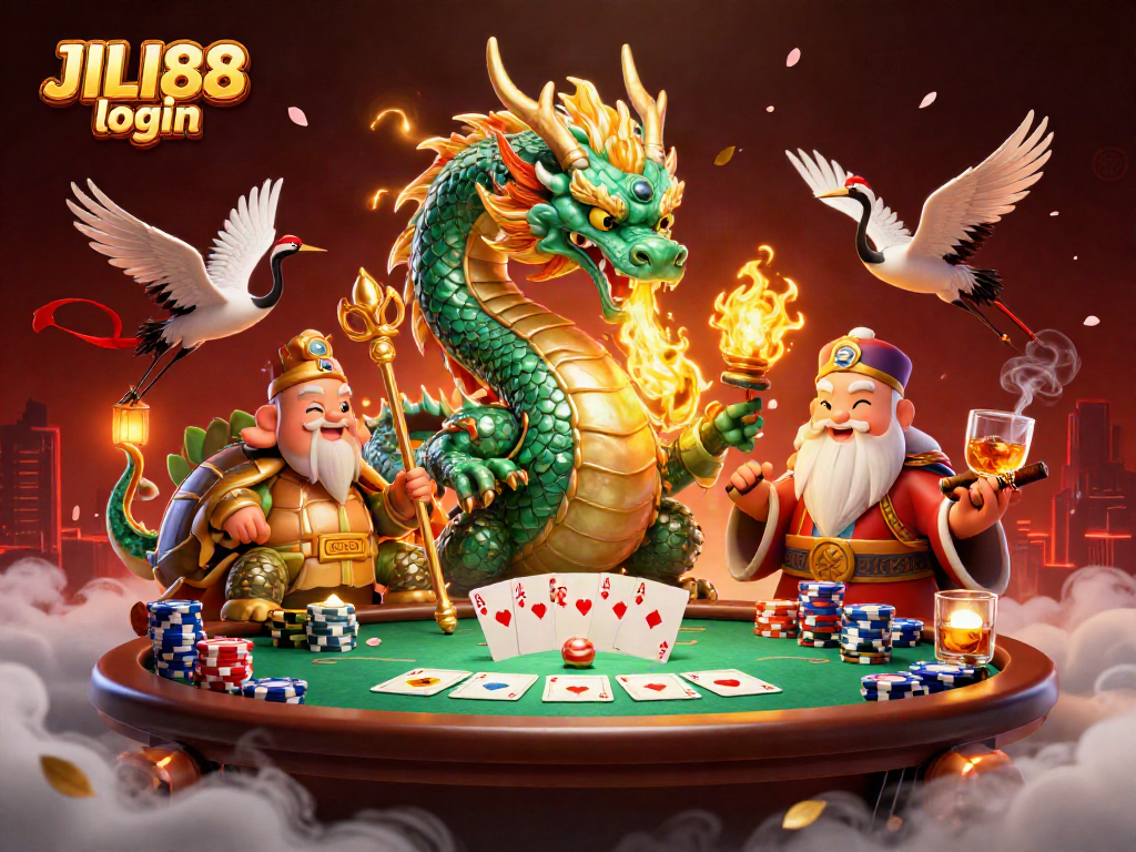Experience the thrill of JILI88 login with vibrant casino imagery showcasing poker action and mythical creatures.