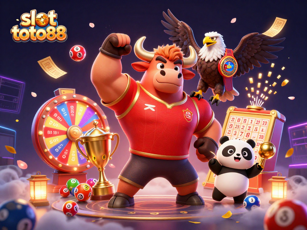 Experience excitement with slot toto88, a vibrant illustration featuring a bull, eagle, and panda celebrating wins.