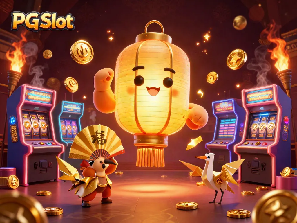 Slot PG menampilkan spirit lentera emas dan pejuang origami dalam suasana kasino malam.