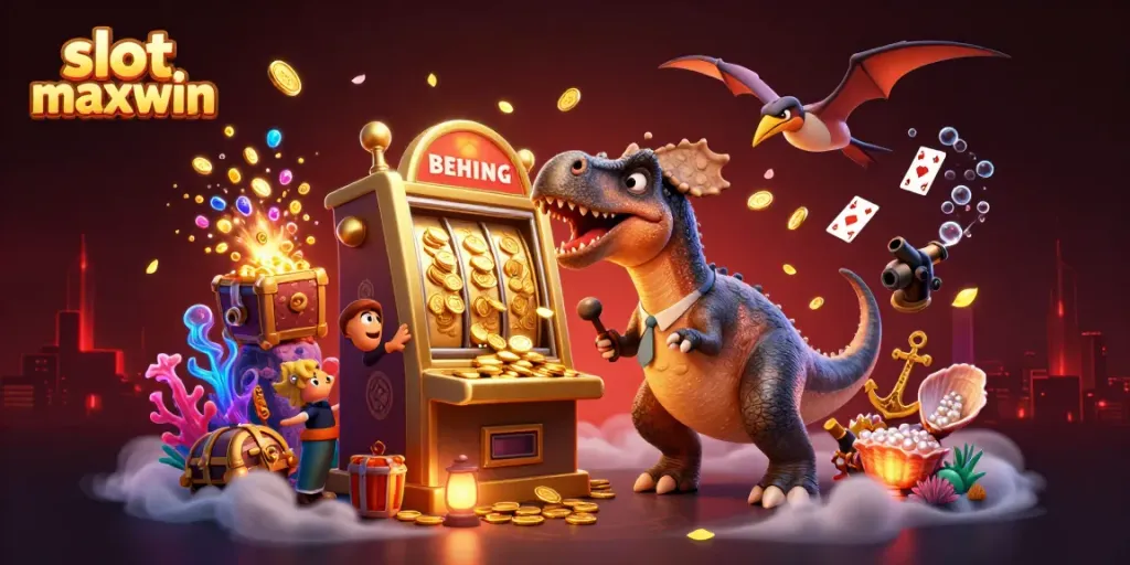 Menghasilkan jackpot slot maxwin saat pachycephalosaurus menabrak mesin slot emas dalam ilustrasi 3D dinamis.