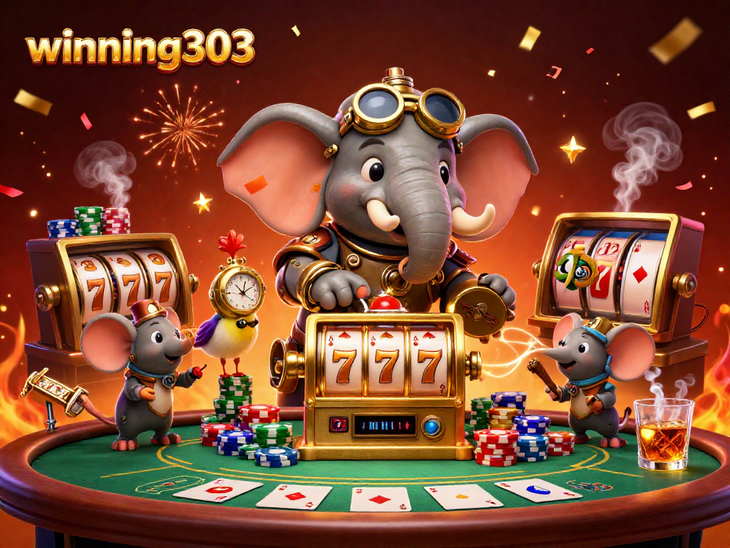 Spin the winning303 slot machine with a steampunk elephant engineer and poker elements.