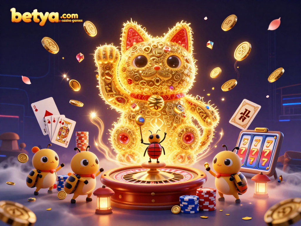 Engage with betya.com casino games featuring a giant lucky cat and dynamic casino symbols.