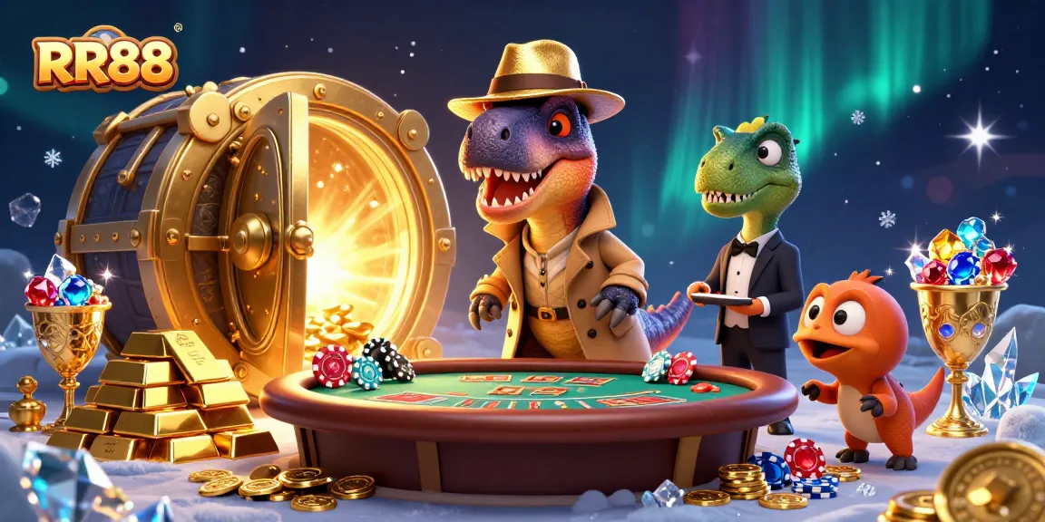 Experience thrilling gambling action at RR88 with cartoon characters surrounded by riches and excitement.