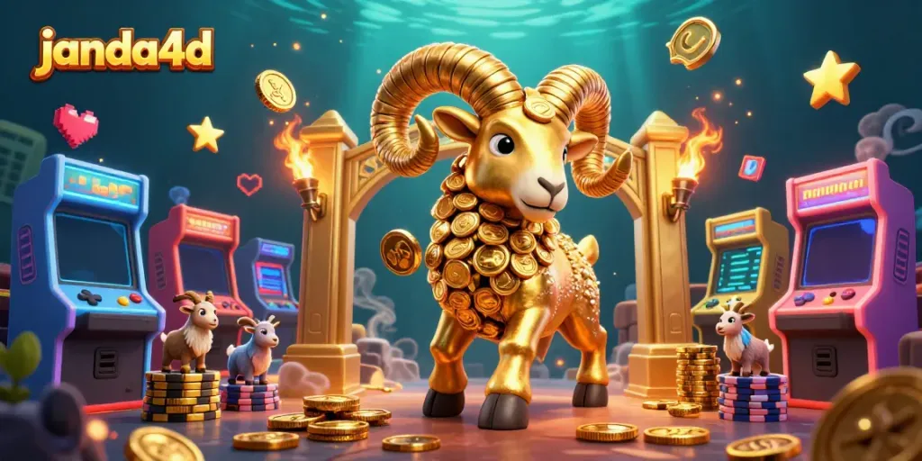 Memenangkan jackpot di janda4d dengan karakter emas dan mesin permainan yang berwarna-warni.