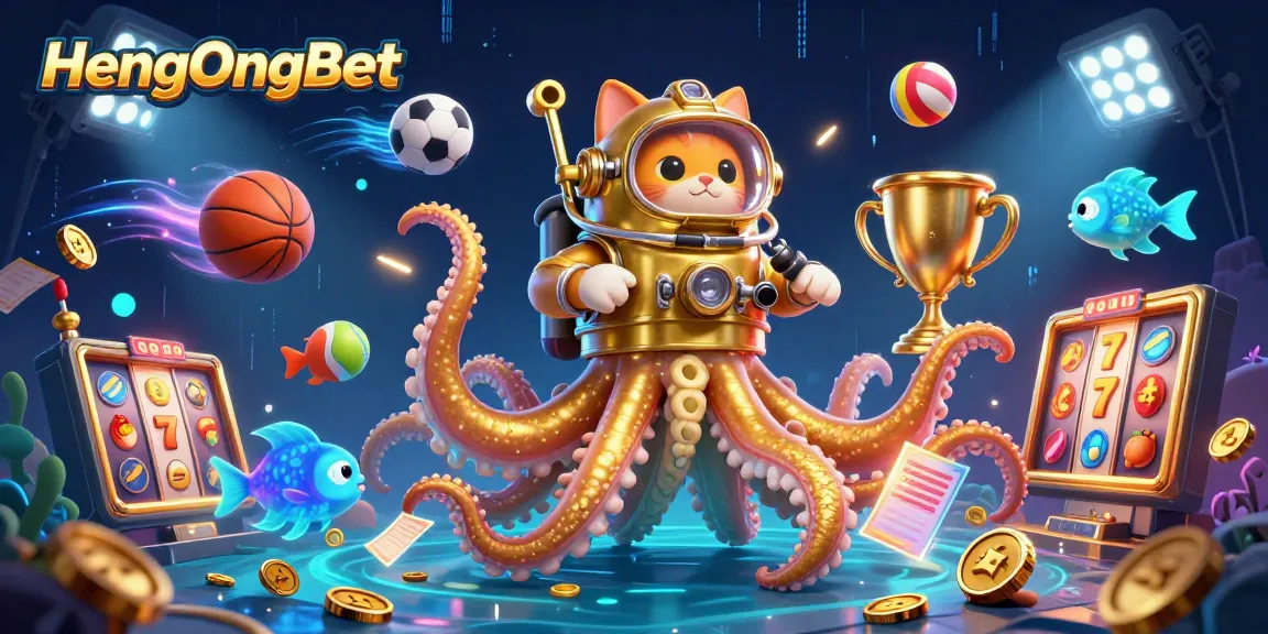 Engage in thrilling gameplay at HengOngBet with a dynamic scene of a giant kraken, diving cat, and vibrant casino elements.