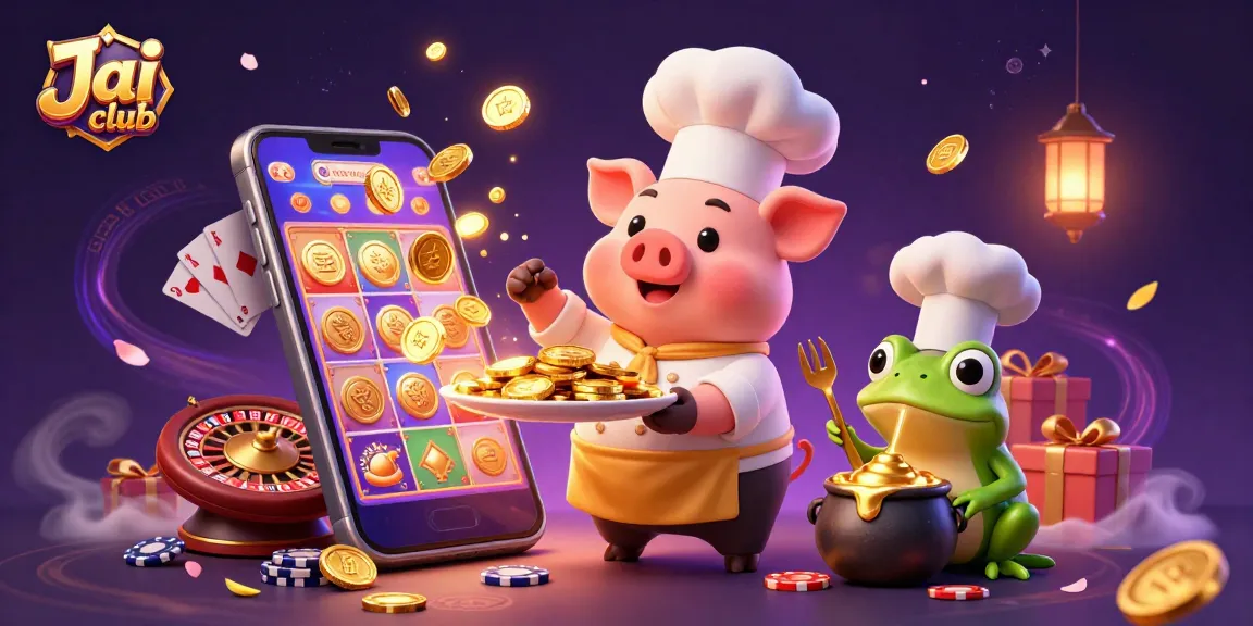 Experience the excitement of Jai club with a chef pig serving gold coins among vibrant casino elements.