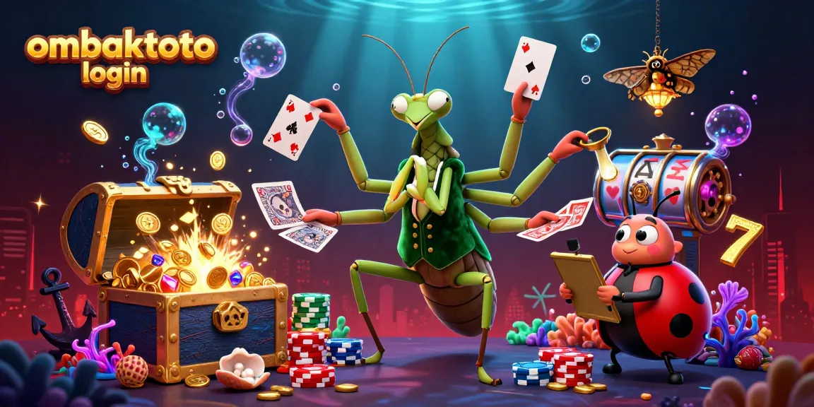 Exciting ombaktoto login scene with a giant praying mantis dealer and vibrant casino elements