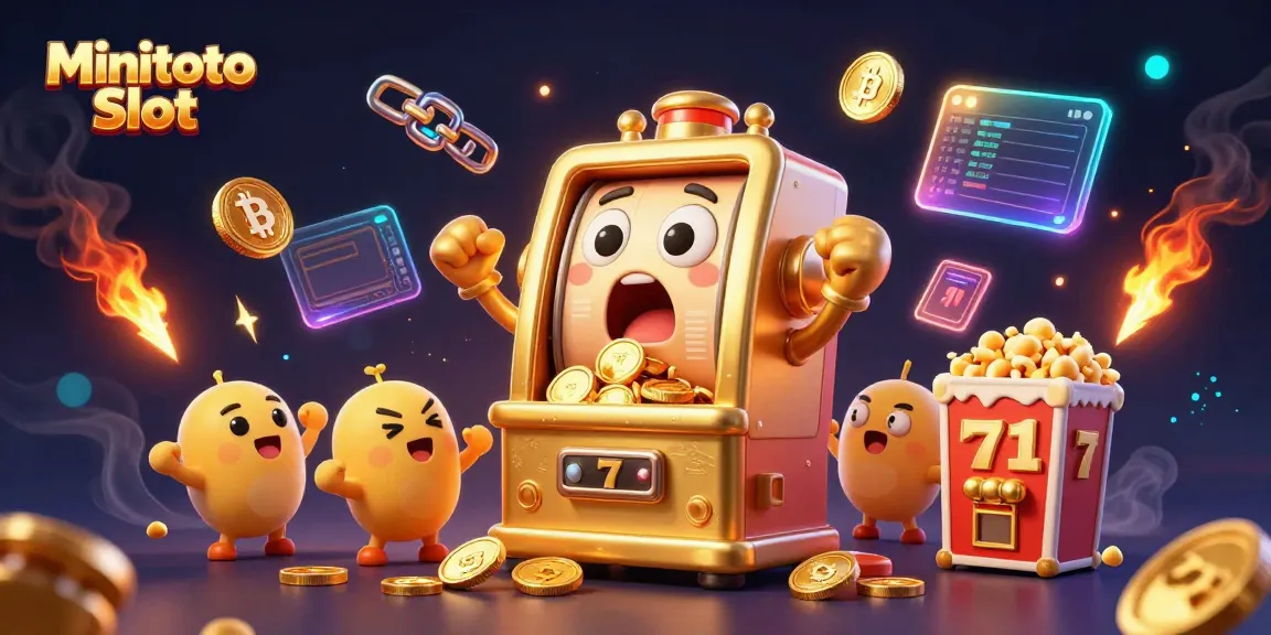 Pemain merayakan kemenangan Minitoto Slot dengan mesin slot bercahaya dan koin emas yang jatuh.