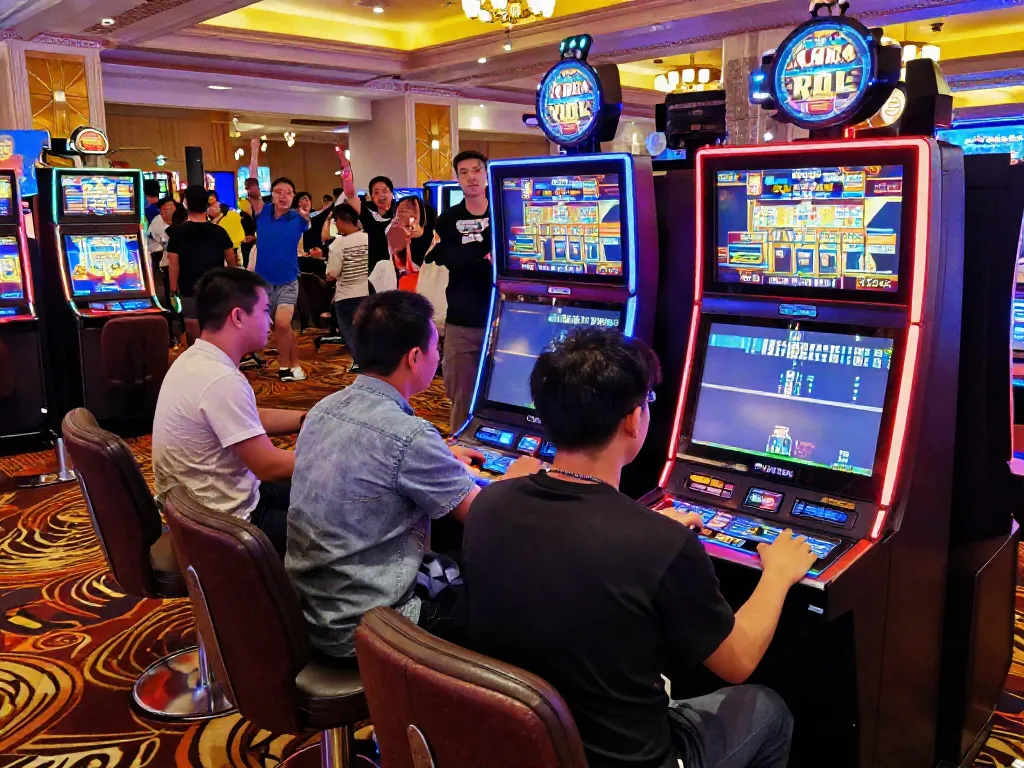 Exciting scene of diverse players engaging with modern raja slot machines in a vibrant casino atmosphere.