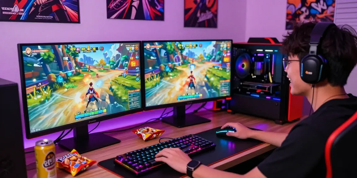 Engaging gaming scene showcasing a player enjoying exciting hentai games on dual monitors, vibrant gaming setup, and lively atmosphere.
