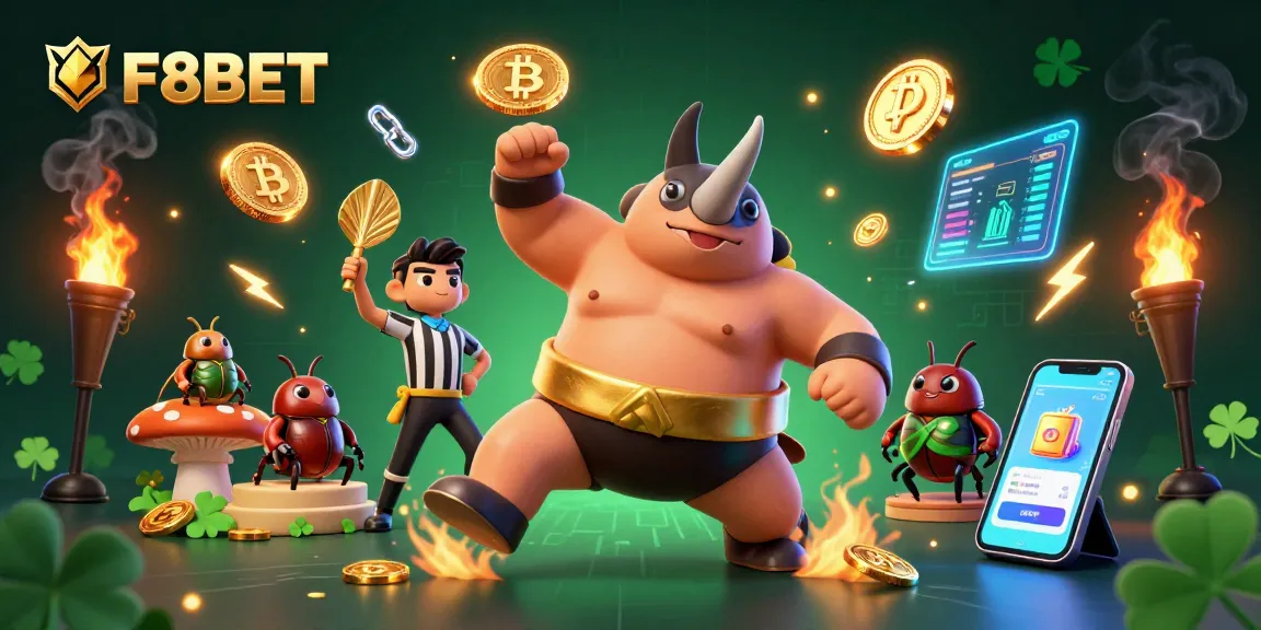 Experience F8BET's vibrant 3D casino scene with a beetle champion thundering coins into the air.