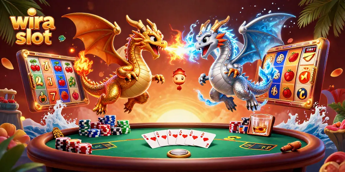Engage with thrilling wira slot gameplay featuring vibrant slot reels, poker elements, and dynamic dragons.
