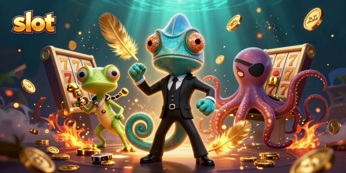 Slot online gacor dengan karakter chameleon, gecko, dan gurita dalam ilustrasi 3D.
