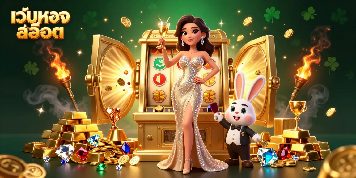สัมผัสประสบการณ์ เว็บตรงสล็อต ในขณะที่ผู้หญิงที่หรูหราเฉลิมฉลองข้างสล็อตแจ็คพอตท่ามกลางสมบัติ