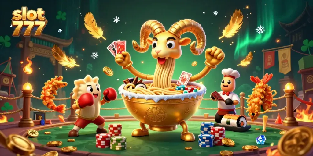 Rasakan sensasi slot 777 dengan ilustrasi kasino digital penuh warna dan karakter unik yang bersaing.
