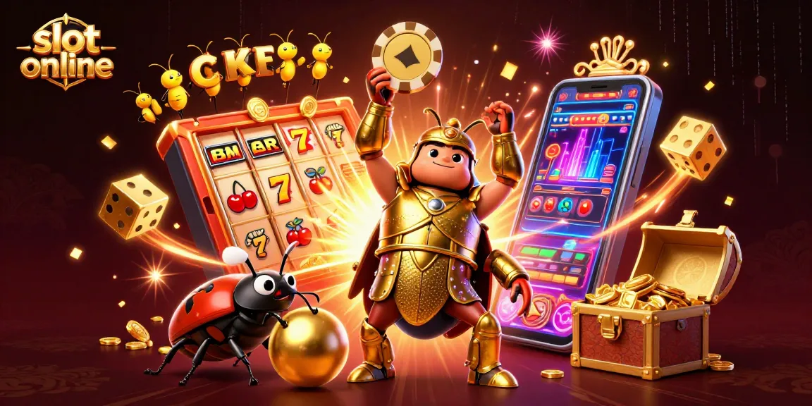Engage with slot online featuring a heroic beetle winning jackpot amidst vibrant casino elements.