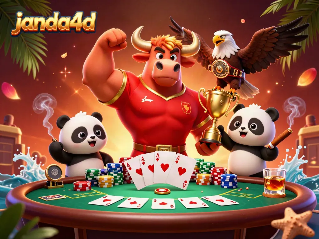 Ilustrasi 3D kartun janda4d dengan karakter kuat dan elemen kasino yang ramai.