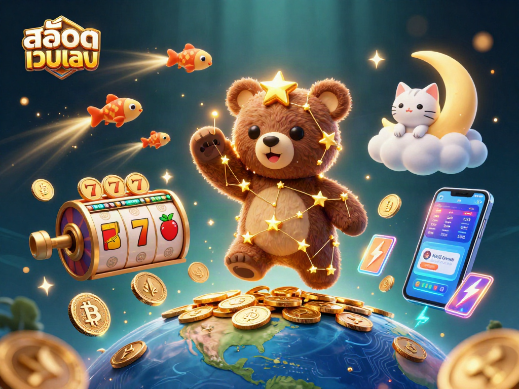 Engage with thrilling สล็อตเว็บตรง gameplay as the constellation bear collects coins amidst vibrant casino elements.