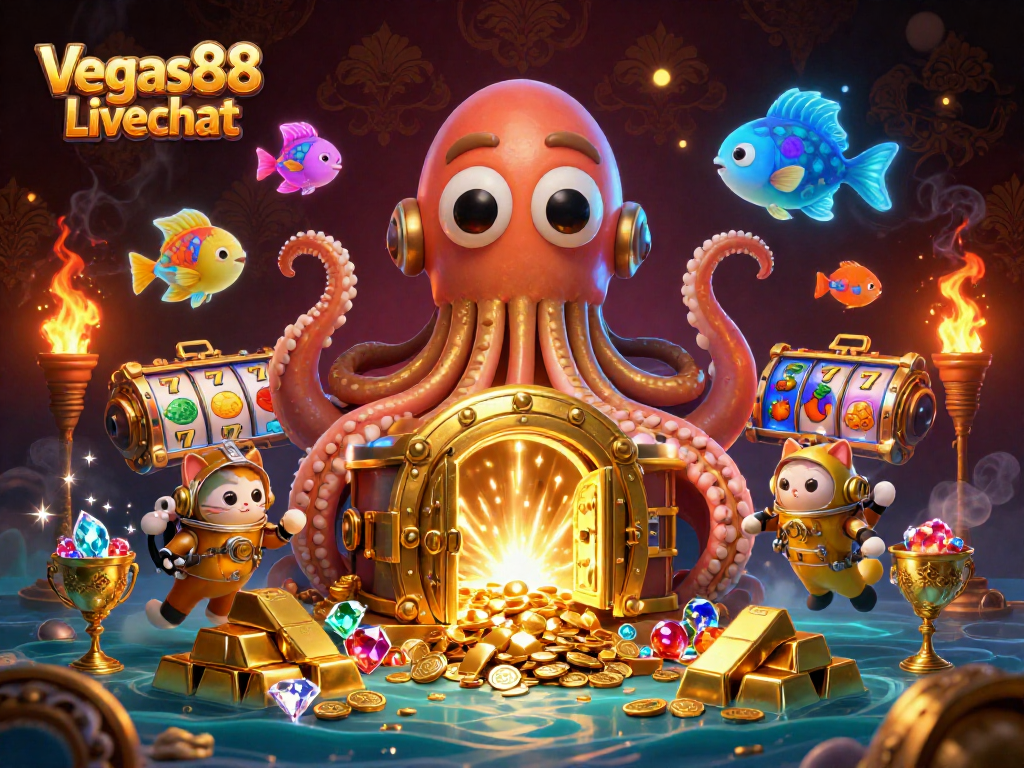 Engage with Vegas88 Livechat for a thrilling slots experience featuring a kraken and diving cat.