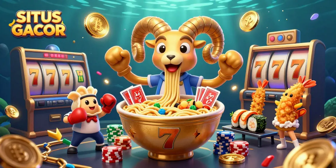 SITUS GACOR showcases a vibrant 3D slot scene with characters dealing cards and stacking chips.