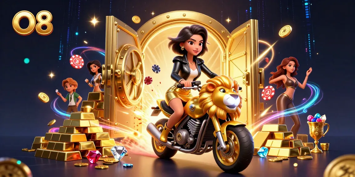 Experience thrilling wins at O8 with this vibrant illustration of a glamorous Asian woman riding a golden lion mascot.