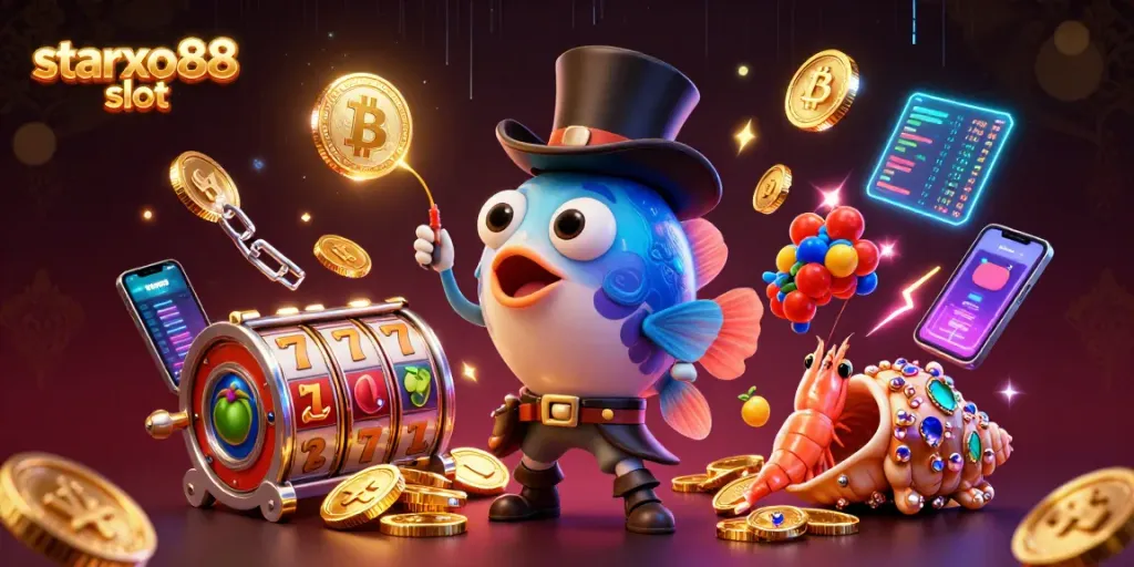 Experience the excitement of the starxo88 slot with 3D characters attracting coins in a vibrant casino atmosphere.