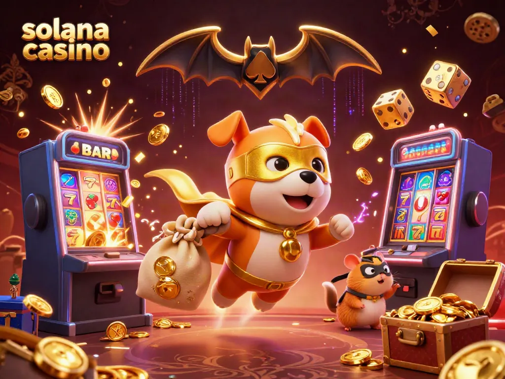 Experience the excitement of the solana casino with a superhero dog and lively casino elements.