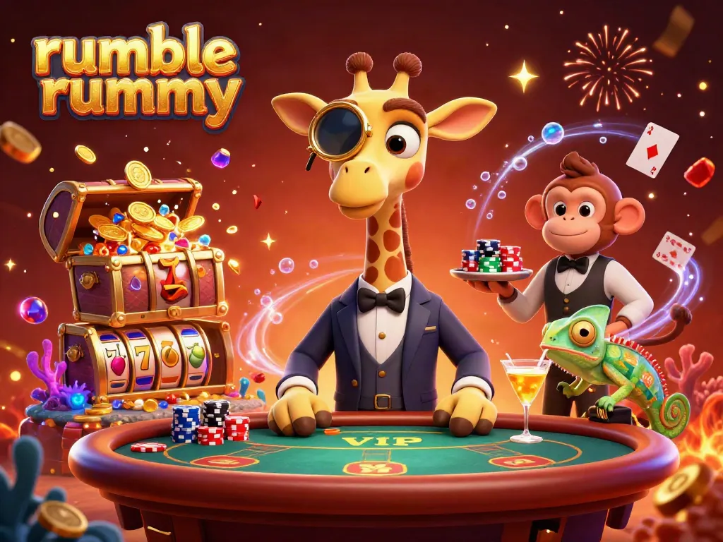 Engage in Rumble Rummy action with a high-roller giraffe and monkey valet at a vibrant poker table.