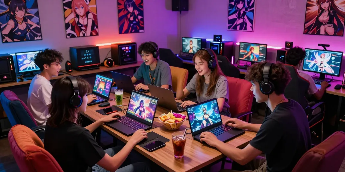 Play hentai game with friends in a lively gaming lounge, showcasing excitement and fun.