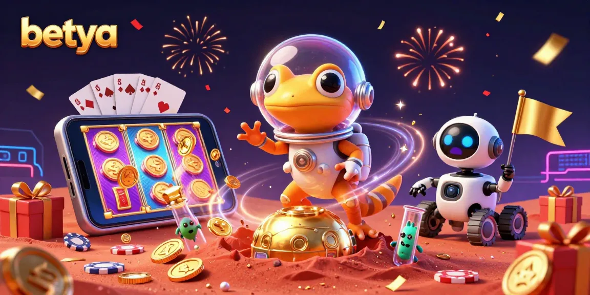 Experience excitement with betya as a Martian gecko finds a golden casino surrounded by amazing game elements.