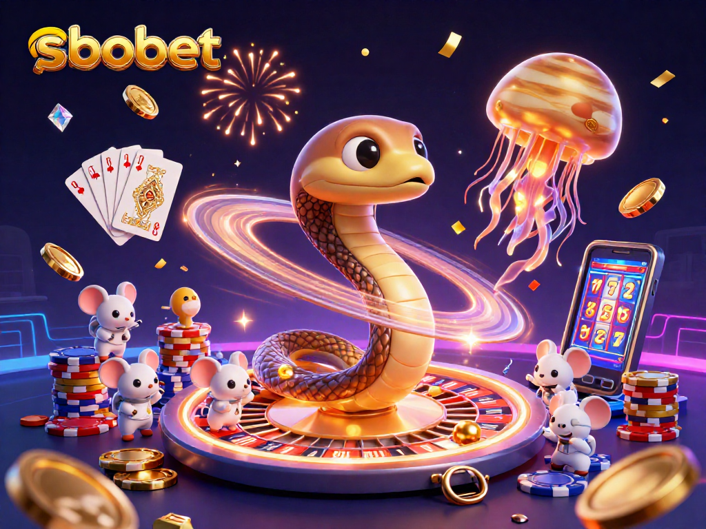 Bet on sbobet with a playful scene of cartoon characters amidst lively casino elements.