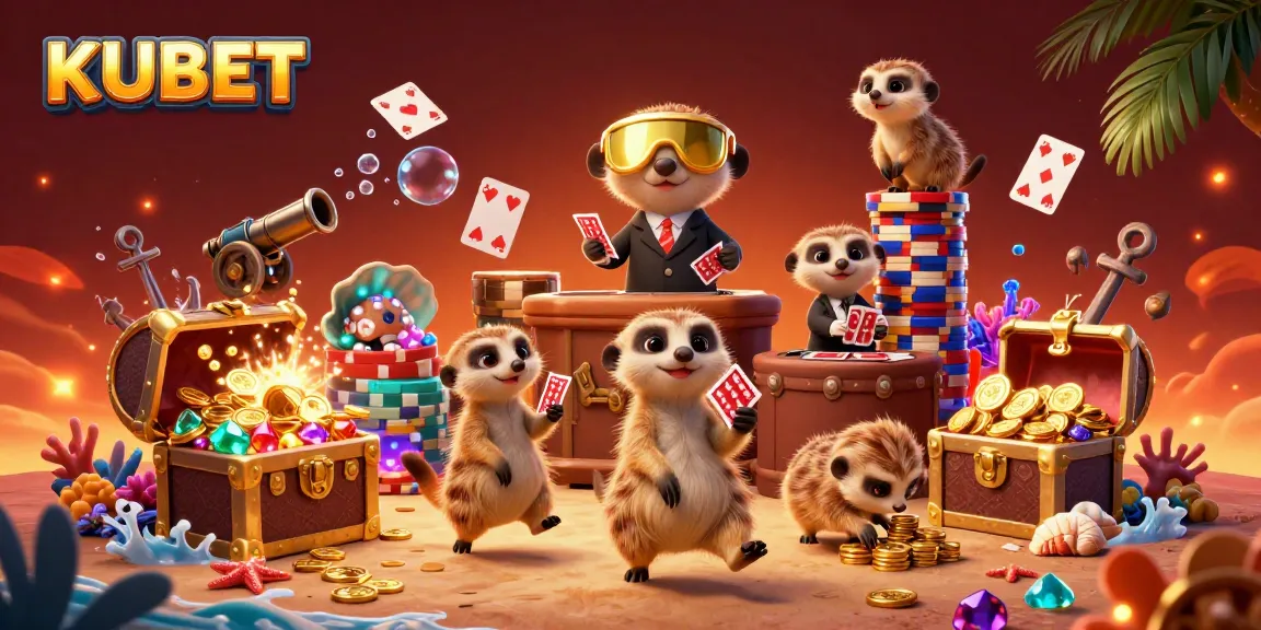 KUBET meerkats engaging in an exciting casino operation with vibrant game elements and a dynamic atmosphere.