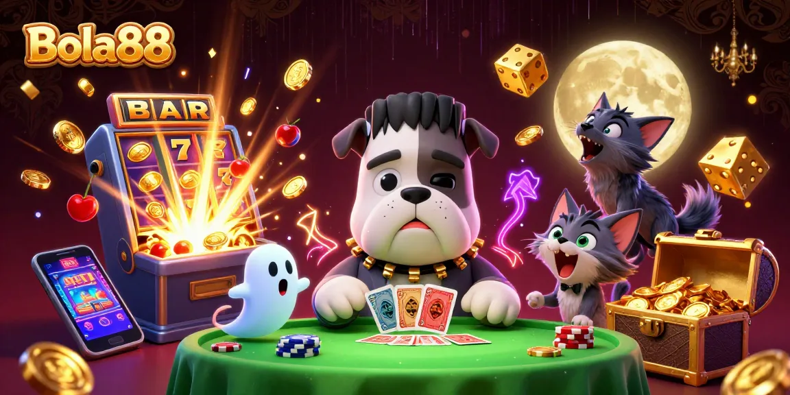 Bola88 memfasilitasi kartu yang dikendalikan oleh monster bulldog Frankenstein di meja kasino, menunjukkan suasana seru.