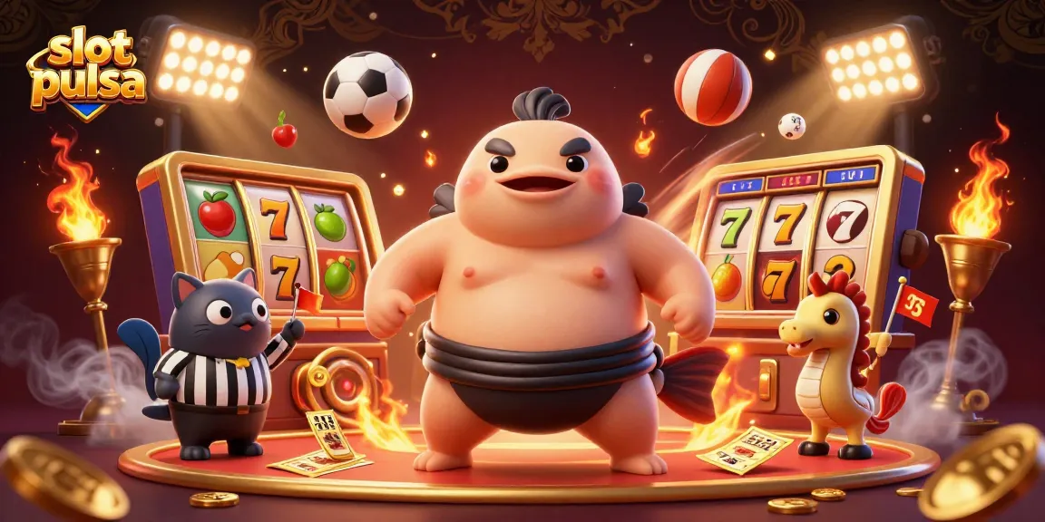 Experience thrilling slot pulsa action with a fugu in a sumo arena and vibrant casino elements in a dynamic scene.