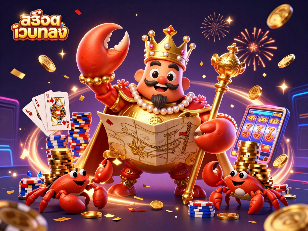 Experience the thrill of สล็อตเว็บตรง with a golden crab emperor and treasures in an exciting casino scene.