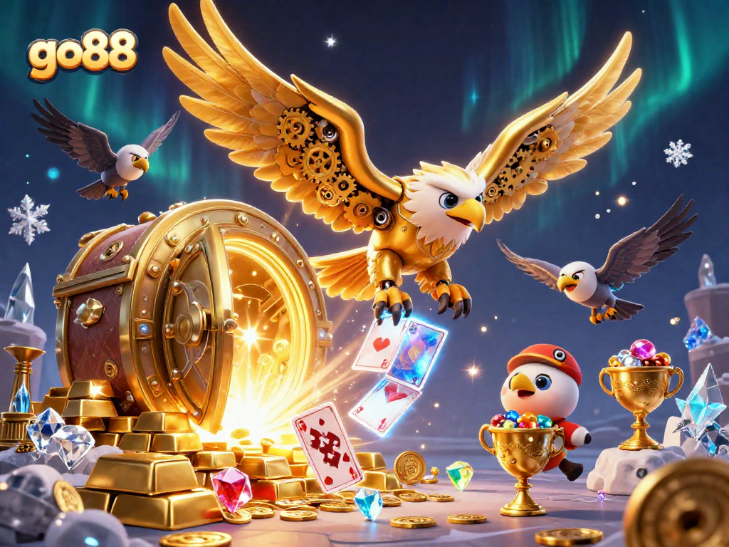 Experience the thrill of go88 with a cybernetic eagle soaring amid dynamic casino treasures and holographic symbols.