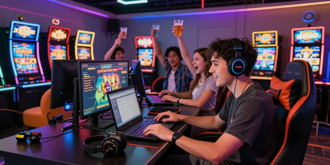 Pengguna asyik bermain slot88 di lounge gaming modern dengan pencahayaan LED cerah.