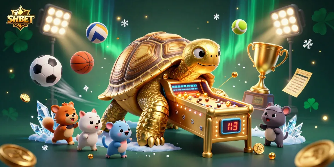 SHBET brings excitement to players with a dynamic 3D illustration of a golden tortoise pinball machine amidst sports elements.