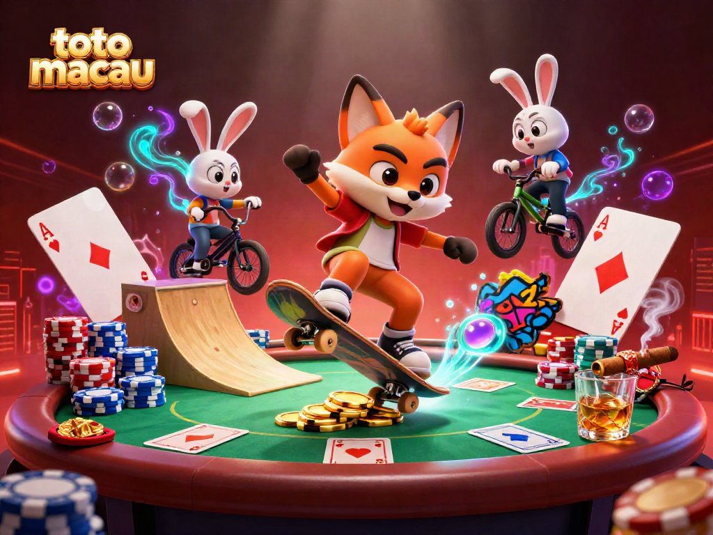 Mainkan toto macau dengan ilustrasi kartun 3D menampilkan rubah dan kelinci dalam suasana kasino.