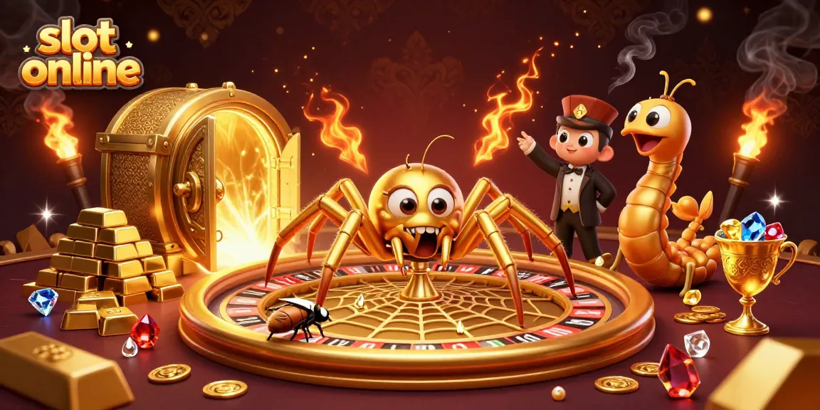Mainkan slot online dengan karakter unik seperti laba-laba emas dan croupier sentipede di lokasi kasino yang megah.