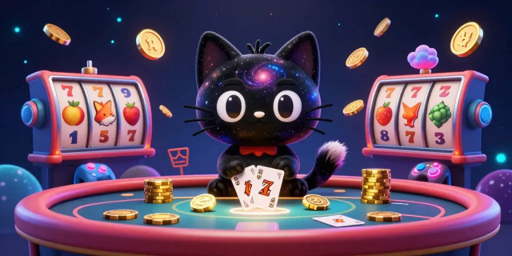 Gambar janda4d yang menggambarkan kucing lubang hitam 3D menarik chip emas di meja kasino.