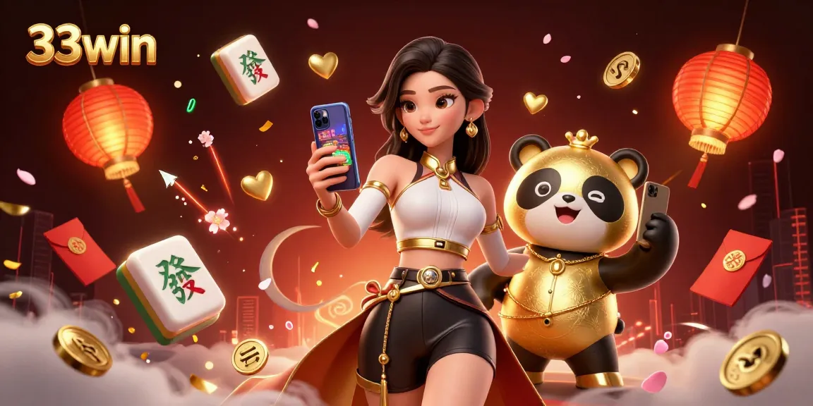 33win promotional illustration showcasing a vibrant 3D casino scene with gaming elements and characters.