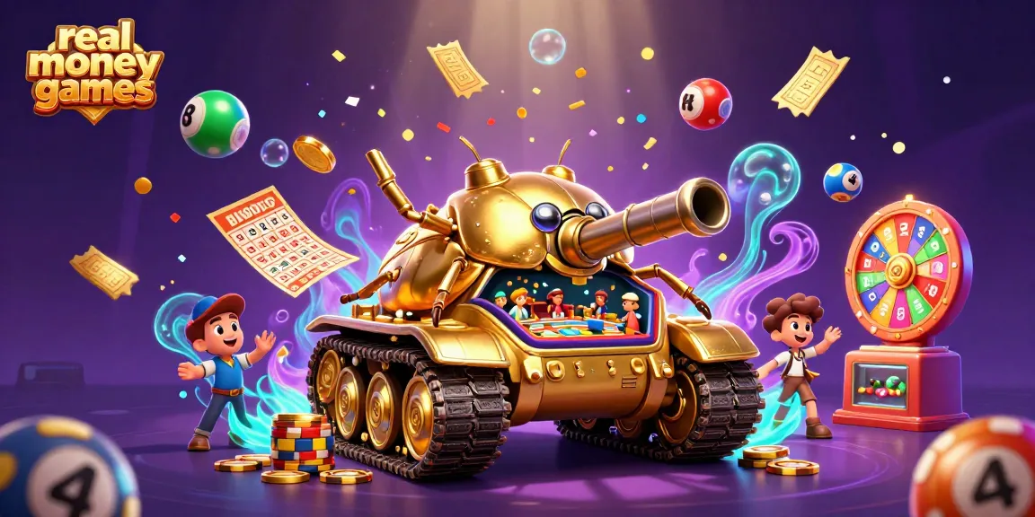 Experience the excitement of real money casino games in a vibrant, animated scene filled with lottery elements and casino fun.