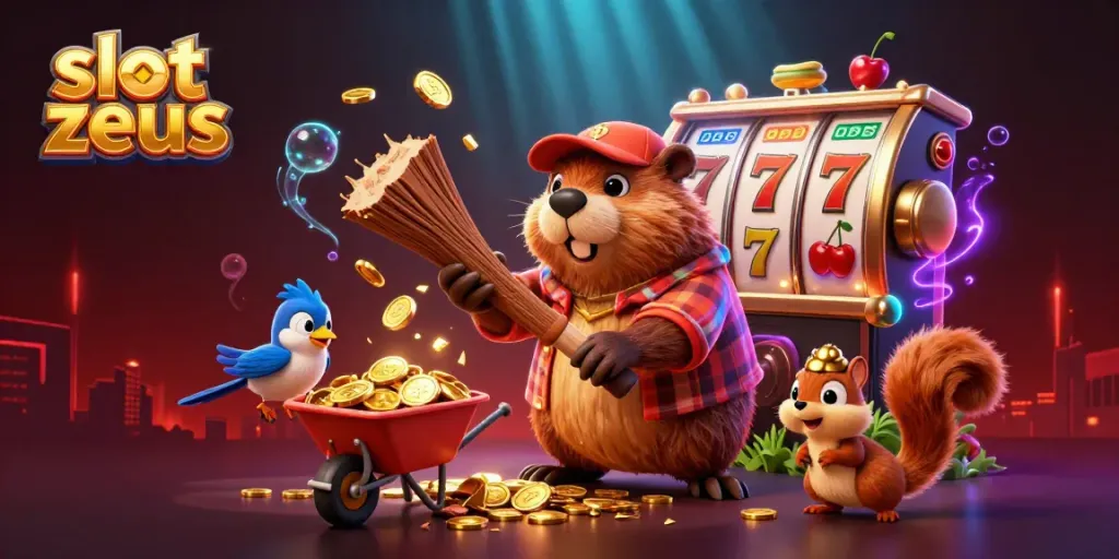 Slot Zeus menampilkan berang-berang, burung, dan tupai mengumpulkan koin emas dalam ilustrasi kasino yang dinamis.