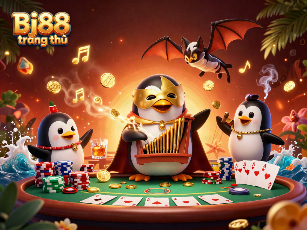 Bj88 trang chủ showcases an exciting scene with a cartoon penguin playing music as coins burst forth, perfect for players.