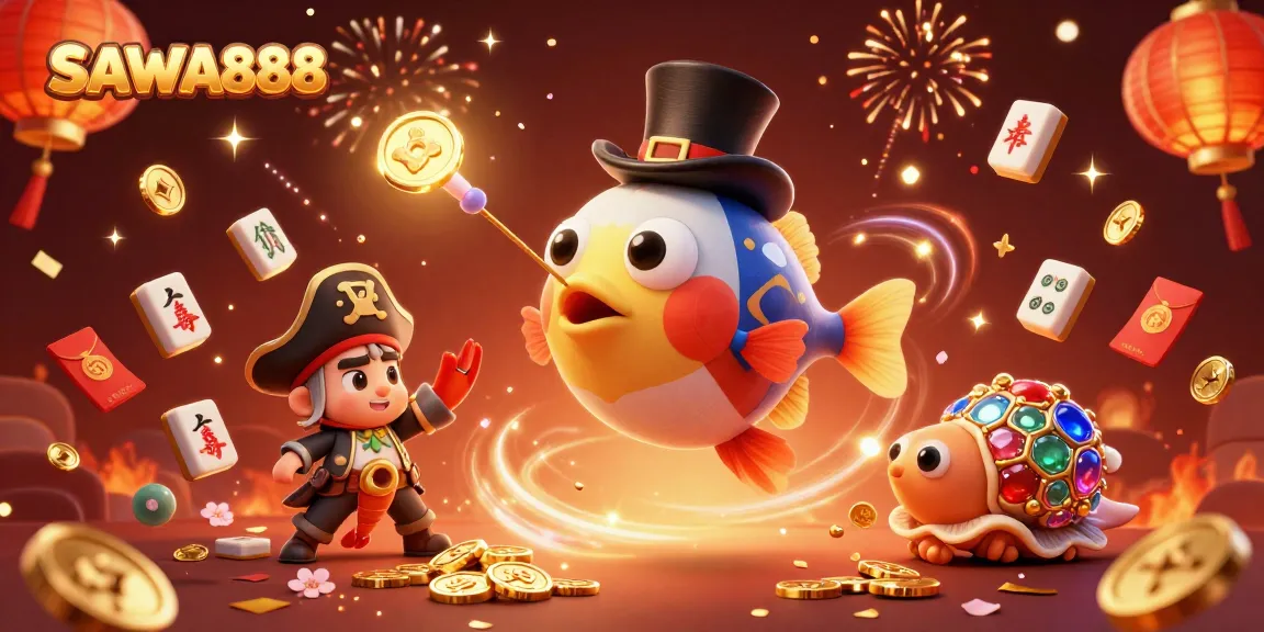 Catch thrilling wins at SAWA888 with an exciting 3D casino scene showcasing vibrant characters and dynamic elements.